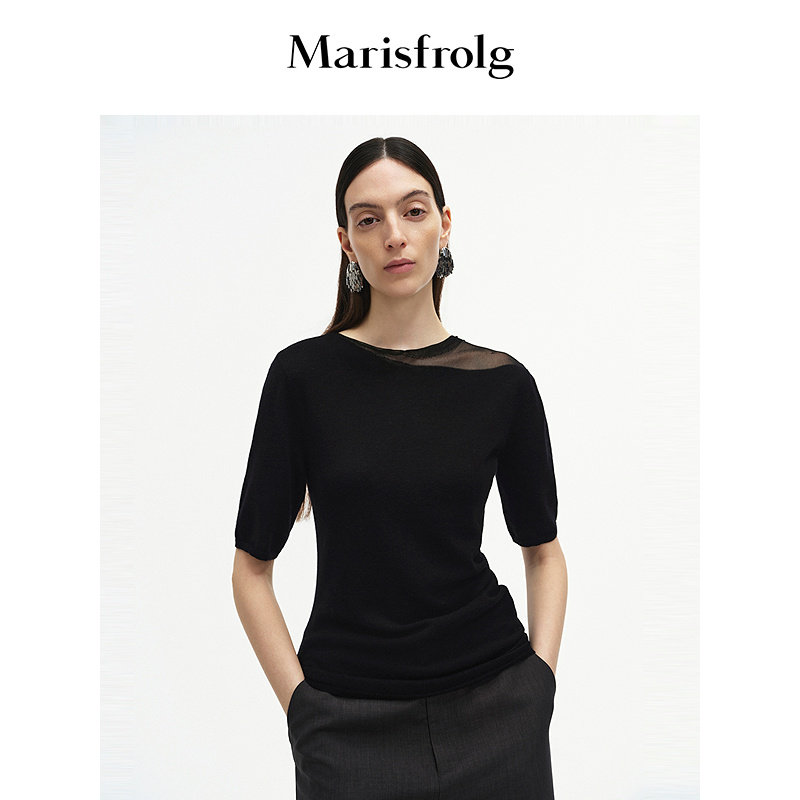 【绵羊毛】Marisfrolg玛丝菲尔秋款半透不对称中袖针织上衣