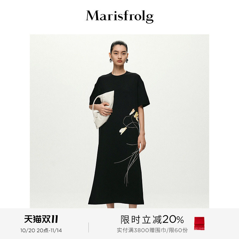 【新能量黑裙】Marisfrolg玛丝菲尔2025夏新款圆领印花连衣裙