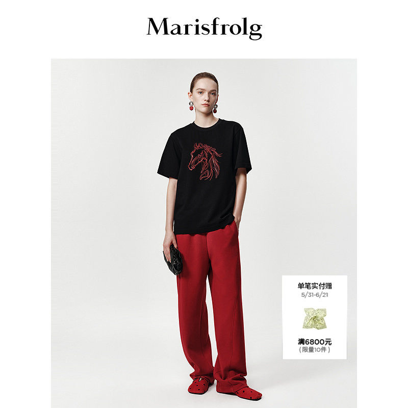 【点彩图腾】Marisfrolg玛丝菲尔26春新款生肖马胶印花稿黑色T恤