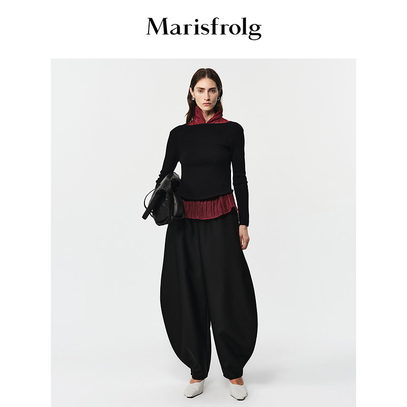 【预售】Marisfrolg玛丝菲尔冬款罗纹羊毛针织衫设计感修身打底衫