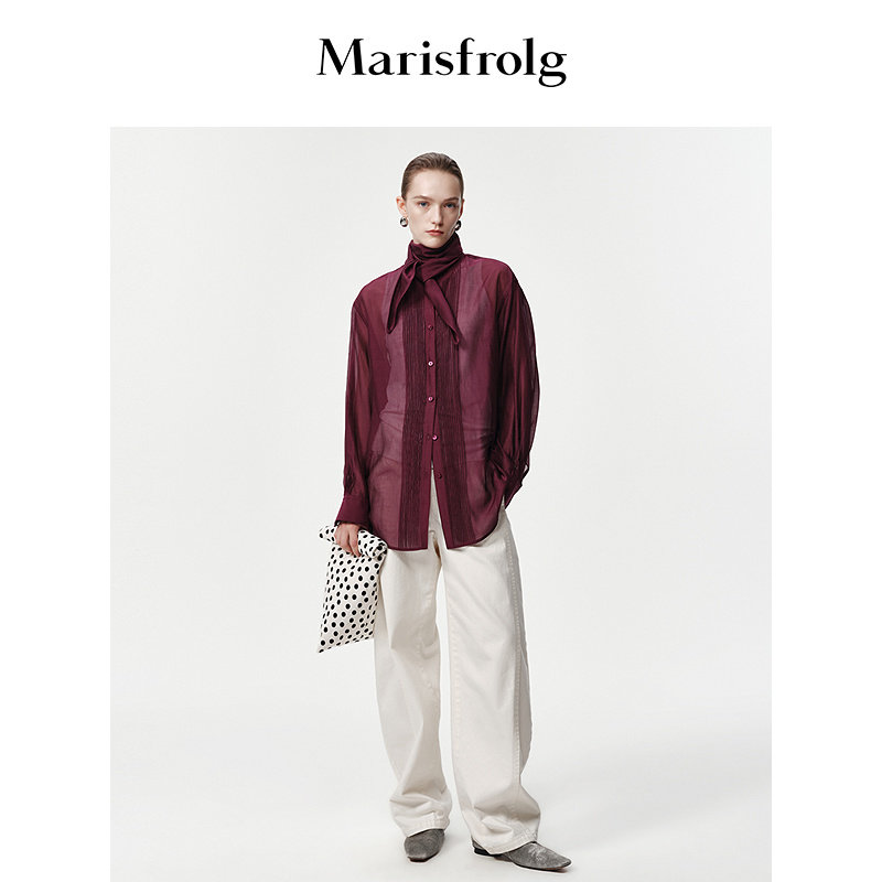 【风琴褶】Marisfrolg玛丝菲尔2026春新款飘带领丝棉缎面廓形衬衣