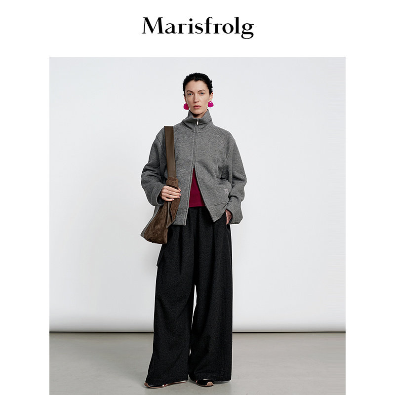 Marisfrolg玛丝菲尔冬款灰色翻领休闲气质羊毛混纺短外套