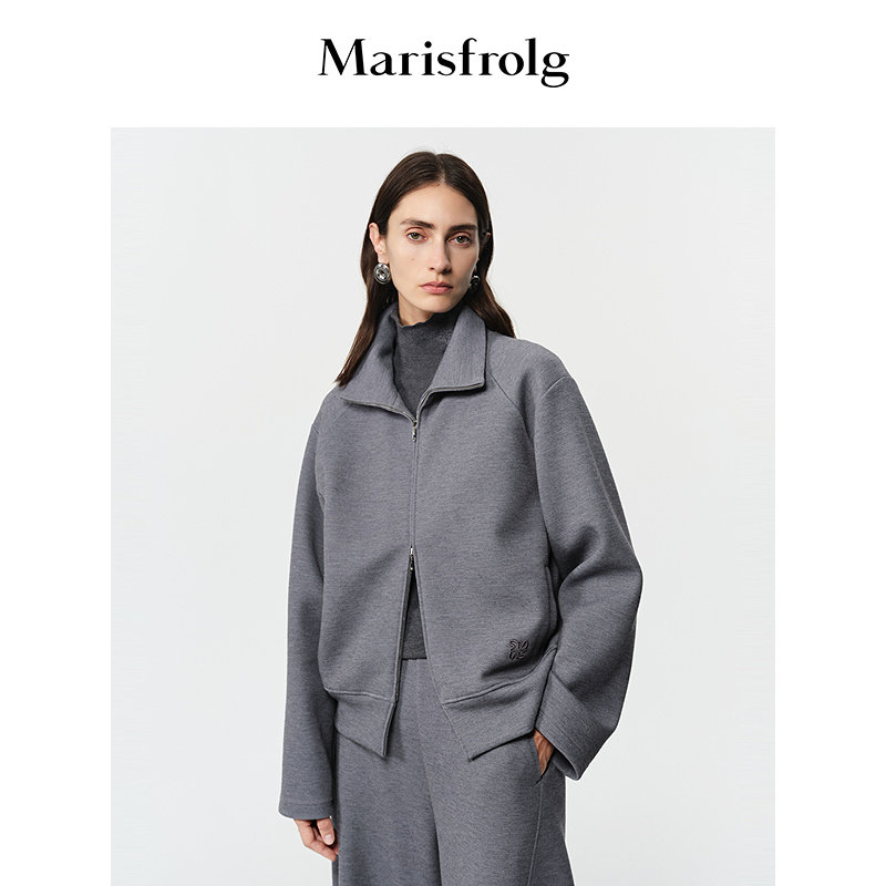 Marisfrolg玛丝菲尔冬款灰色翻领休闲运动羊毛混纺短外套