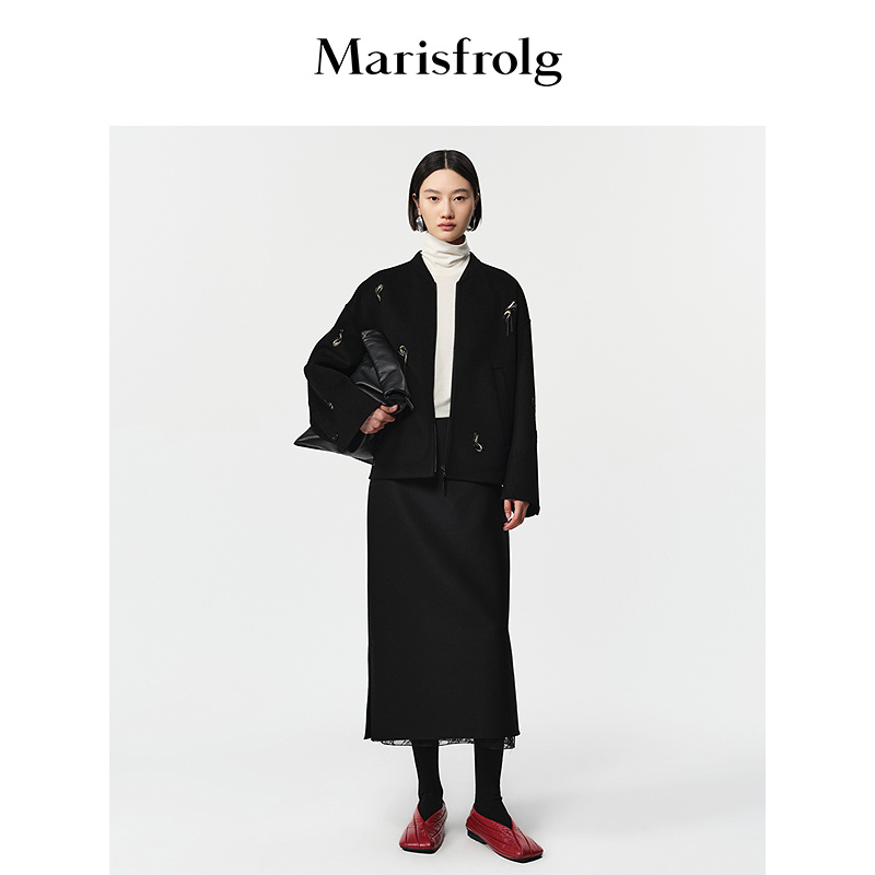 Marisfrolg玛丝菲尔2025冬新款羊毛羊绒刺绣廓形短款大衣毛呢外套