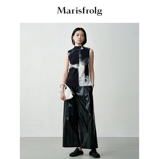 Marisfrolg玛丝菲尔2025秋新款 黑色八分显瘦直筒环保PU皮裤 长裤