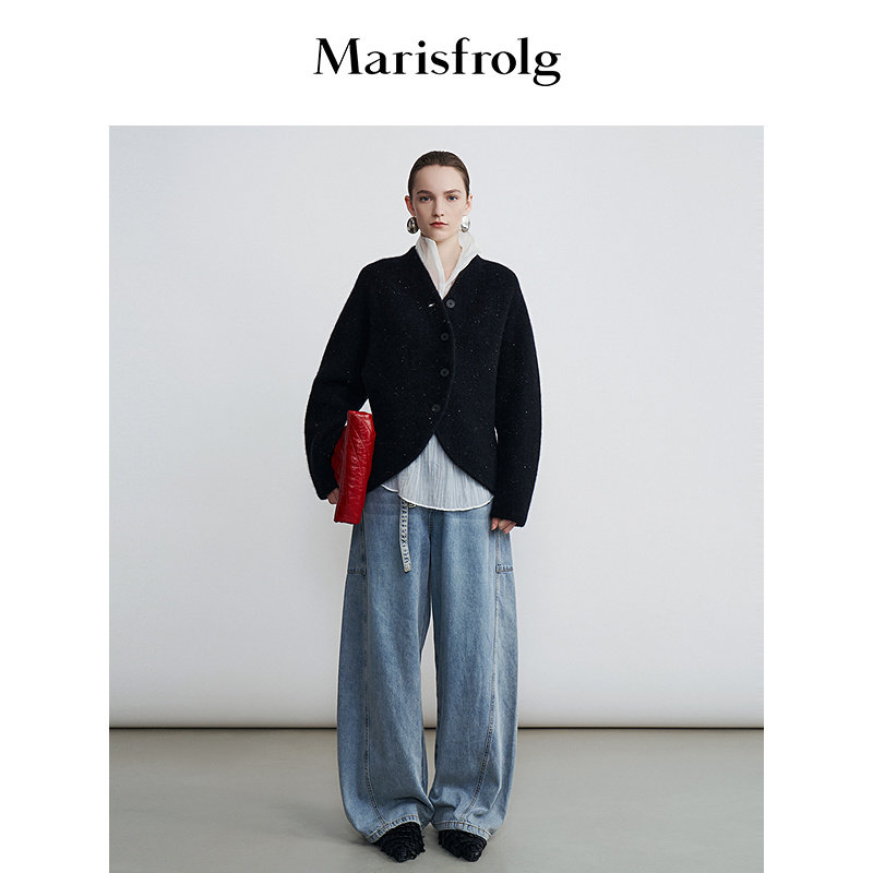 【松弛裤装】Marisfrolg玛丝菲尔蓝色设计感小众宽松阔腿牛仔裤女