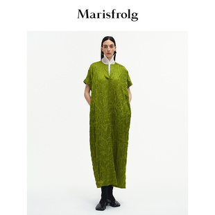 Marisfrolg玛丝菲尔2025秋新款 松烟青V领落肩茧型连衣裙休闲长裙