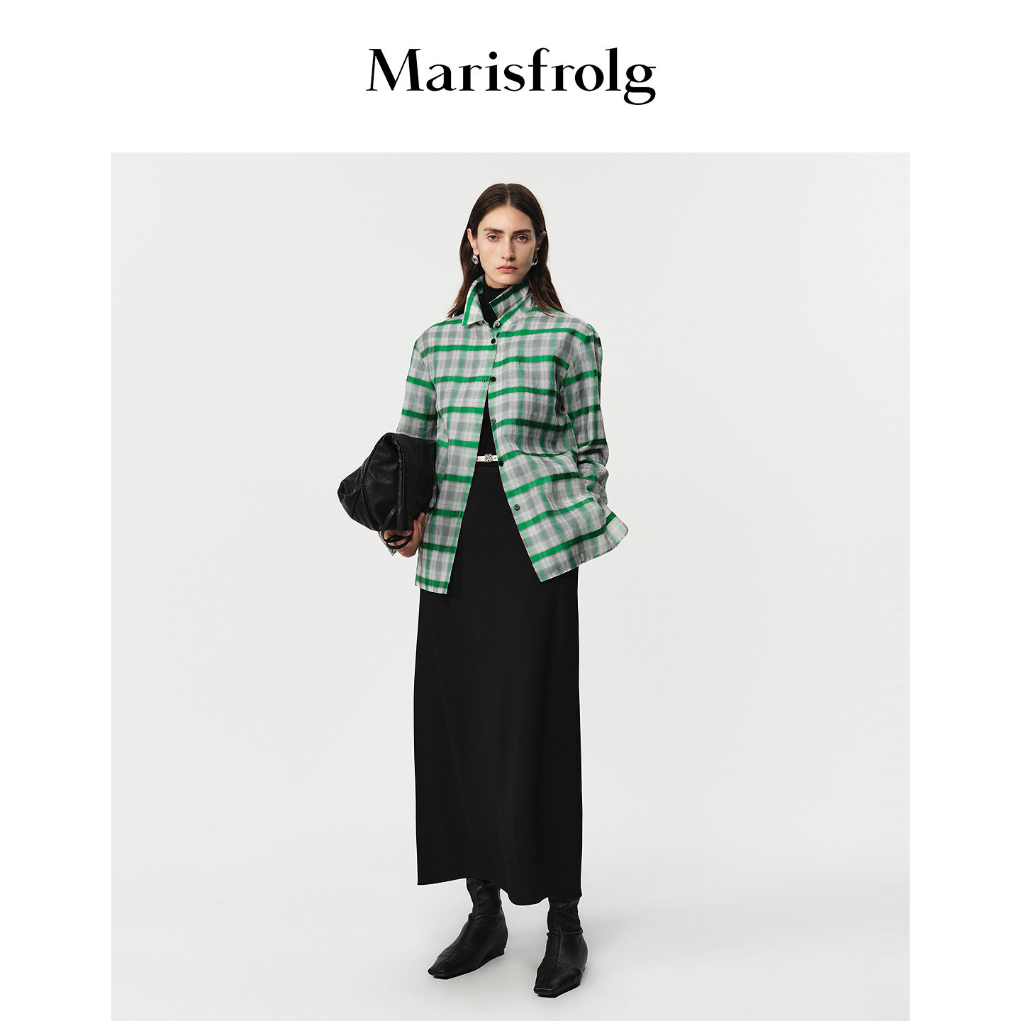Marisfrolg玛丝菲尔冬款复古摩登绿格纹桑蚕丝色织柯根宽松衬衫