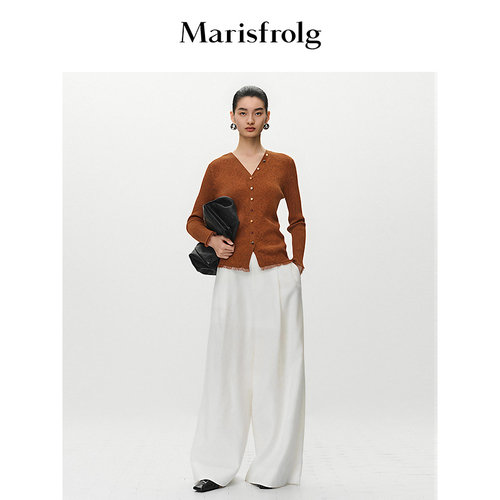 Marisfrolg玛丝菲尔秋品极简V领双色纱肌理流苏毛边针织开衫