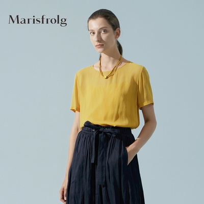 玛丝菲尔真丝T恤女装2020夏季新款黄色100%桑蚕丝上衣