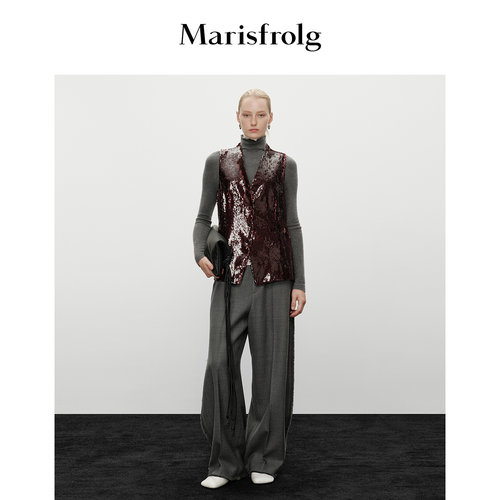 Marisfrolg玛丝菲尔休闲裤2026冬新款流苏毛边设计阔腿弯刀裤
