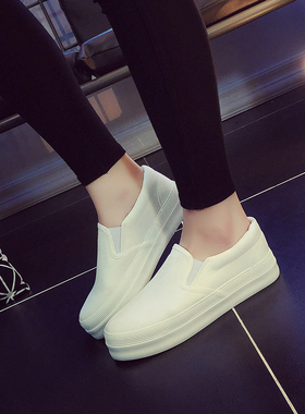 正品春夏款步祥韩版女帆布鞋纯色一脚蹬懒人松糕跟白黑厚底乐福鞋