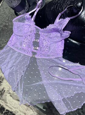 Mrspanda.热恋岛屿紫色蕾丝钻饰睡裙两件套纯欲性感显白梦幻波点