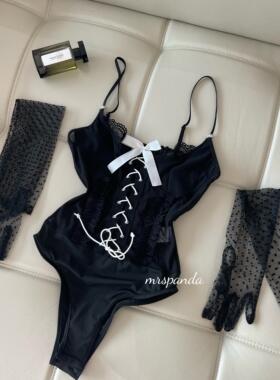 Mrspanda.黑白乐谱黑色网纱连体内衣透视绑带蝴蝶结宫廷显瘦外穿