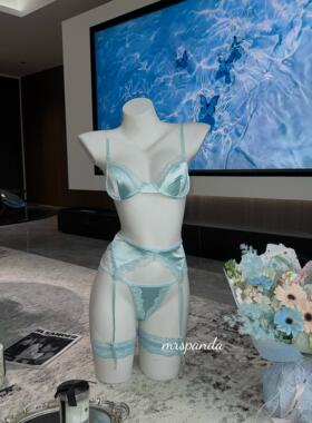 MrsPanda·蒂凡尼早餐·性感内衣套装三件丝绒天鹅绒蕾丝情趣蓝色