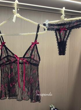 Mrspanda粉黛佳人黑色蕾丝内衣两件套性感蝴蝶结吊带前扣绑带透视