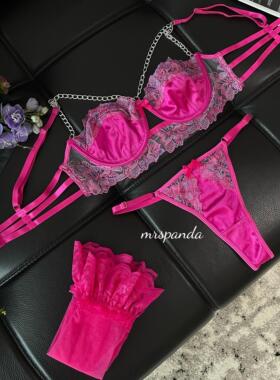 Mrspanda.微醺蜜桃玫粉色缎面刺绣显白链条性感内衣2件套法式浪漫