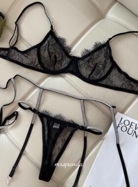 Mrspanda落幕黑天鹅黑色睫毛蕾丝透视水钻内衣三件套法式浪漫性感
