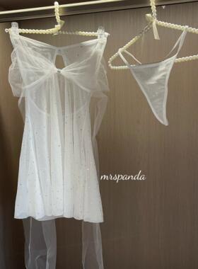 Mrspanda.璀璨之梦白色网纱亮片烫钻透视吊带睡裙两件套纯欲浪漫