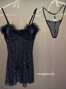 mrspanda暗夜繁星黑色闪钻羽毛吊带裙睡裙性感家居显瘦高开叉套装