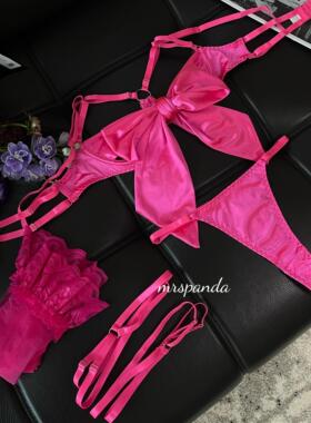 Mrspanda.情人节粉玫红色绸缎内衣三件套气质性感胸前蝴蝶结俏皮