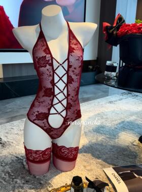 Mrspanda摩登野心家.白色黑色红色蓝色钻连体蕾丝透视镂空深V性感