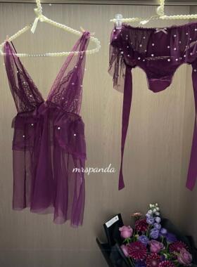 Mrspanda.紫薇星紫色网纱透视性感内衣睡裙两件套珍珠装饰V领显瘦