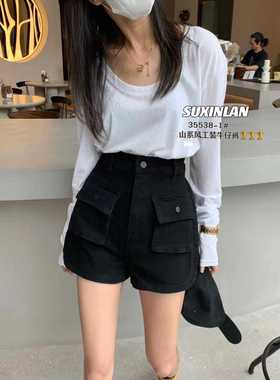 军绿色工装短裤女夏季设计感口袋高腰宽松开叉a字辣妹牛仔热裤ins