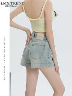 女夏季 热裤 2025新款 超短裤 高腰显瘦小个子美式 浅蓝色复古牛仔短裤