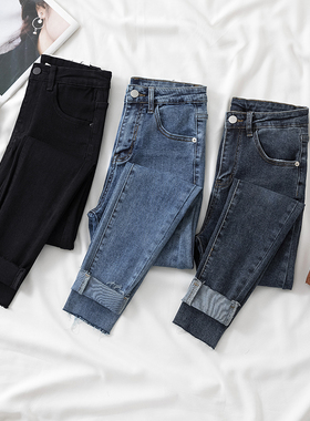 蓝灰色牛仔裤女紧身修身高腰小脚铅笔裤弹力2026秋秋款水系新款