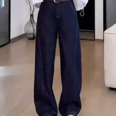 深蓝色阔腿牛仔裤 子 高腰宽松显瘦垂感拖地弯刀裤 女2026秋冬季 新款