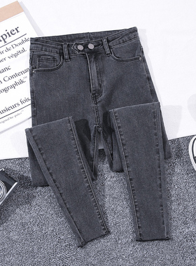 双扣高腰紧身灰色牛仔裤女2026年新款修身显瘦小脚裤女显瘦显高