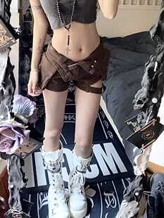 女设计感绑带口袋工装 欧美式 vibe大码 复古辣妹高腰牛仔短裤 阔腿裤