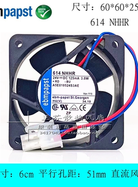 全新ebmpapst 614NHHR 24V 3.0W 6025 6CM滚珠轴承变频器散热风扇