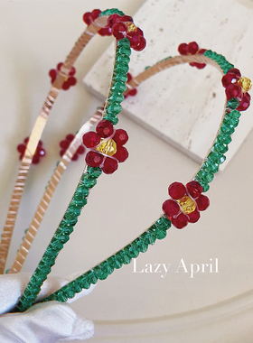 韩国复古绿色珠串发箍 小清新花朵ins风细手工头箍发卡百搭压发