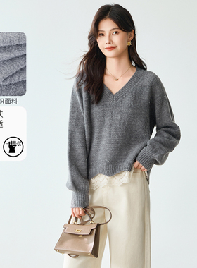 3S女装2025秋冬慵懒风V领针织衫女深灰色宽松百搭毛衣通勤上衣