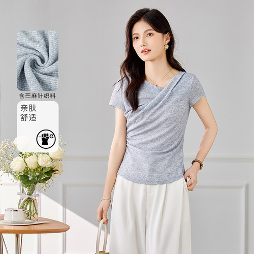 3S女装2026夏季新款韩版扭结针织短袖苎麻T恤修身显瘦轻熟优雅风