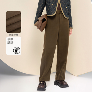 聚酯纤维亲肤舒适休闲裤 女冬季 复古极简风茶褐色直筒长裤 3S女装