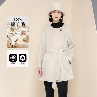 3S女装冬季100%绵羊毛中长款收腰大衣系带优雅风毛呢外套