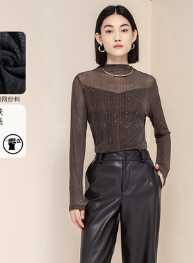 3S女装冬季优雅亮片微透针织衫女修身显瘦半高领打底衫时尚上衣