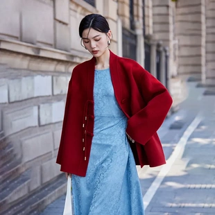 2026秋新款中国风双面羊绒大衣女短款100纯羊毛宽松加厚毛呢外套