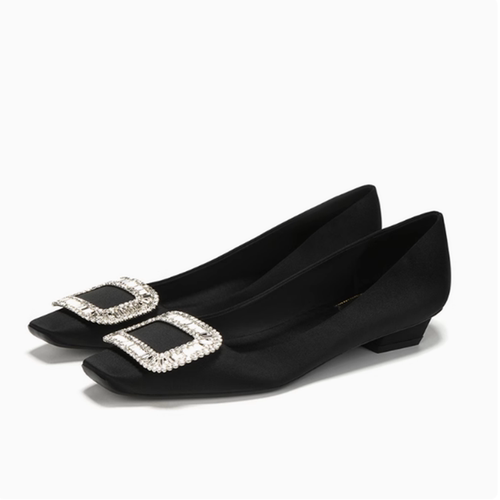 RV平底真丝绸缎水钻浅口舒适瓢鞋粗跟方头单鞋女宴会高跟方扣女鞋