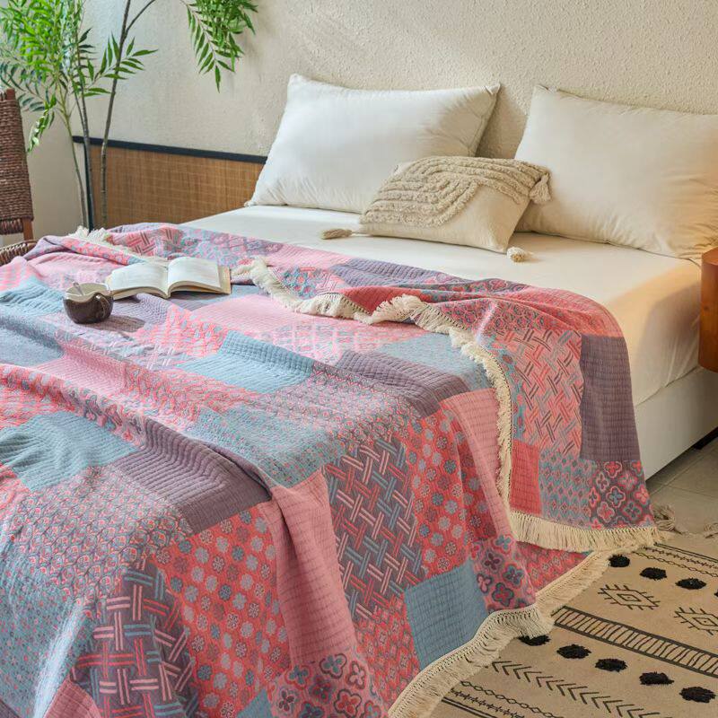 2026新款棉麻大提花三层纱多功能盖毯毯子带穗床单婚庆结婚