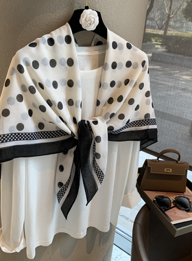韩版赫本波点三角巾女夏季百搭叠穿披肩防晒小围脖白色大方形