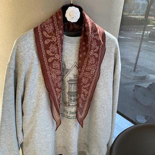 出口韩国原单红棕色腰果花复古花纹菱形丝巾小长条春秋百搭领巾