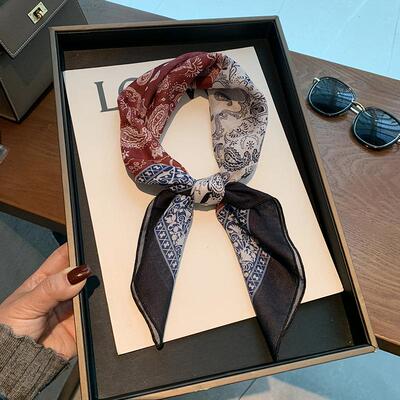 藏青色系vintage小方巾~2023韩国新款棉麻柔软复古怀旧丝巾发带