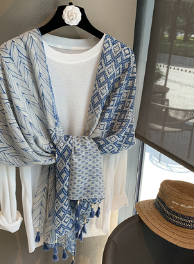 蓝色系丝巾女夏季百搭遮阳棉麻披肩两用海边旅游拍照防晒薄纱巾