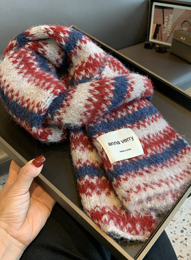 2025冬季新款费尔岛风条纹针织围巾女秋冬保暖百搭氛围感围脖