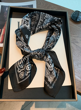 丝巾小方巾女复古黑色腰果花棉麻护颈领巾 搭配衬衫的ins头巾发带