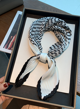 韩版百搭黑色条纹褶皱围巾洋气纱巾春秋季时尚装饰职业领巾丝巾女